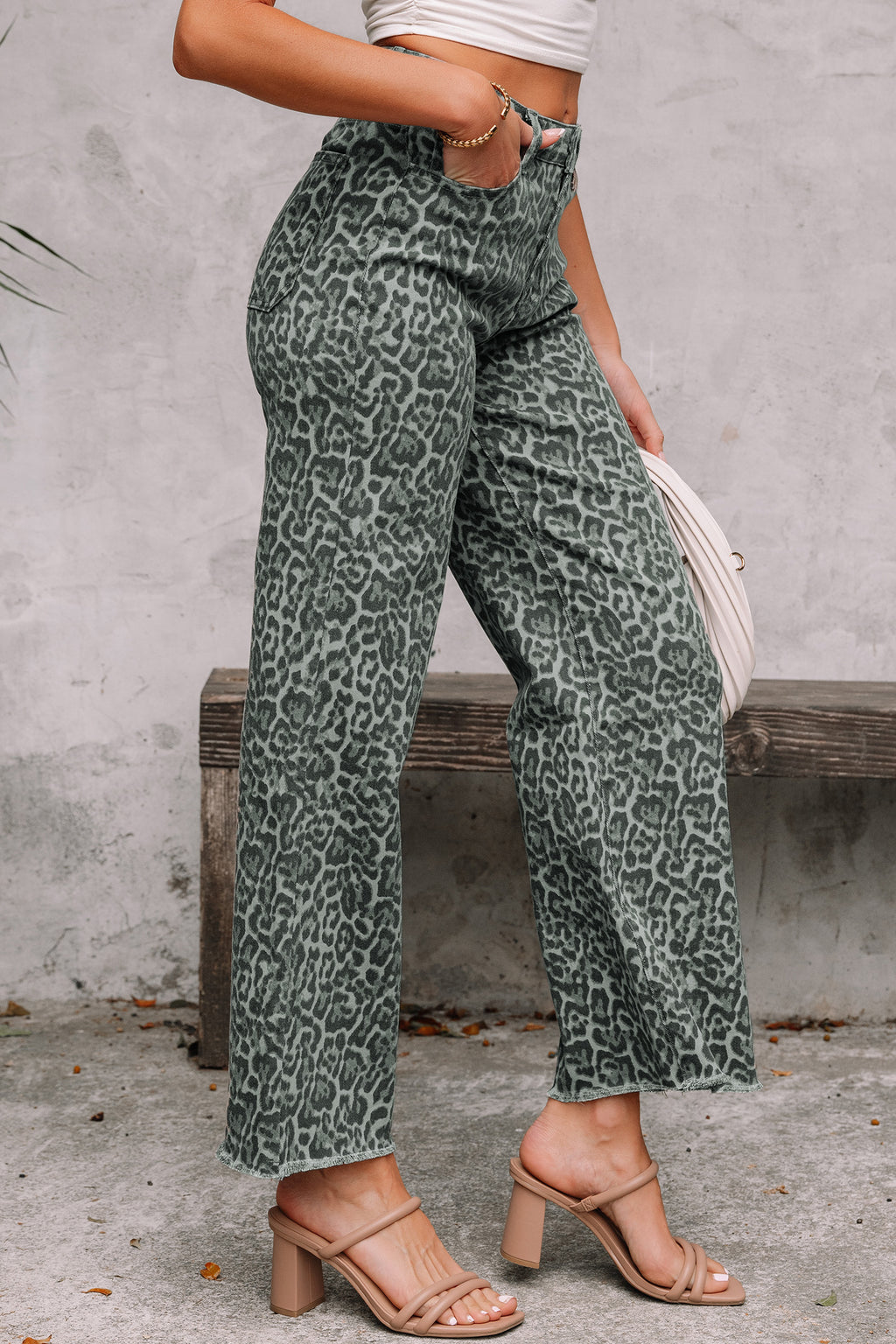 Sky Blue Leopard Frayed Edge Wide Leg High Waist Jeans