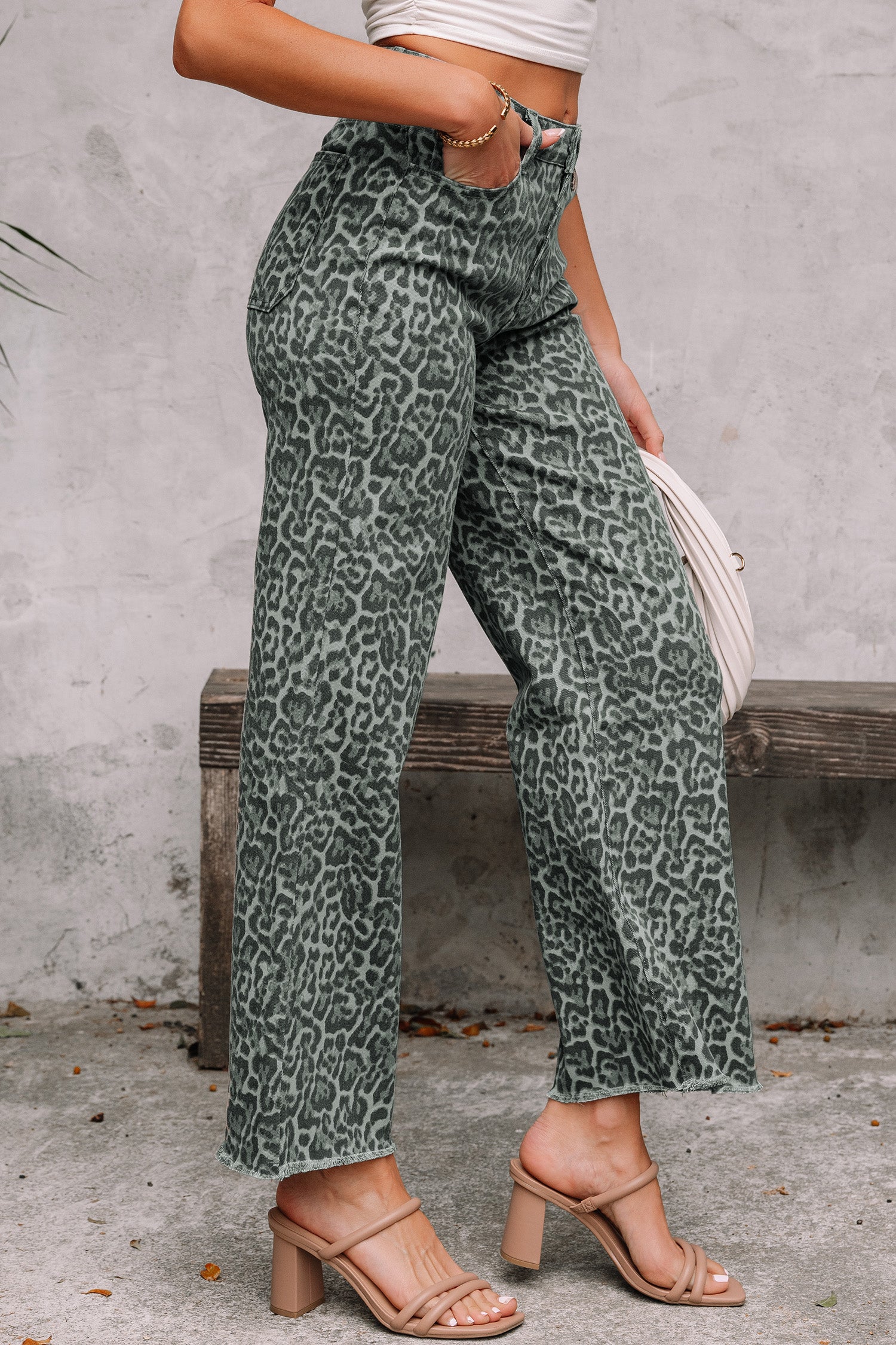 Sky Blue Leopard Frayed Edge Wide Leg High Waist Jeans
