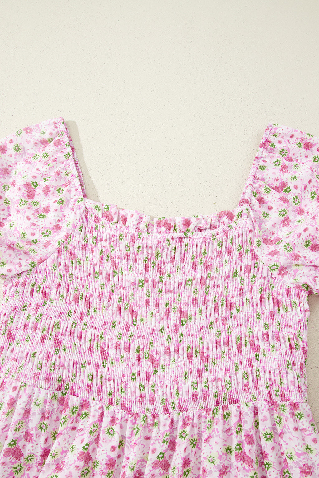 Pink Floral Short Bubble Sleeve Shirred High Waist Maxi Dress