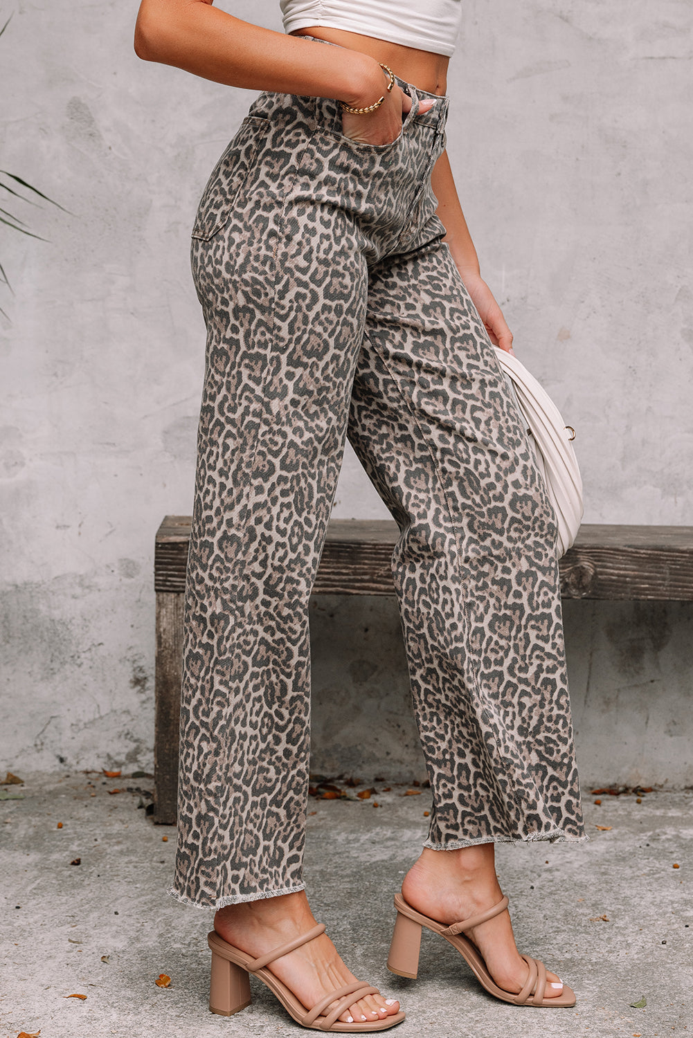 Sky Blue Leopard Frayed Edge Wide Leg High Waist Jeans