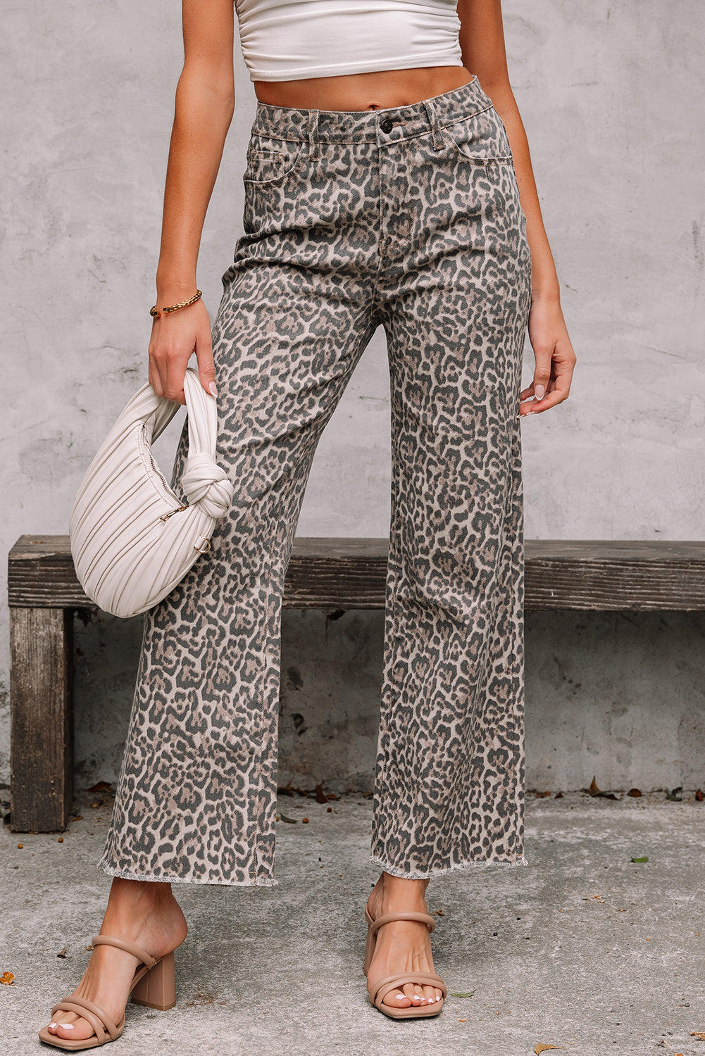 Sky Blue Leopard Frayed Edge Wide Leg High Waist Jeans