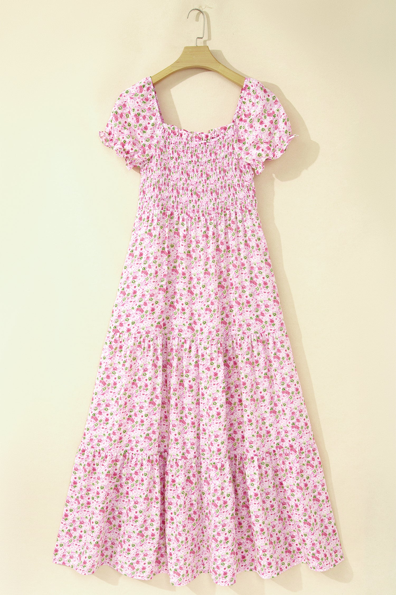 Pink Floral Short Bubble Sleeve Shirred High Waist Maxi Dress