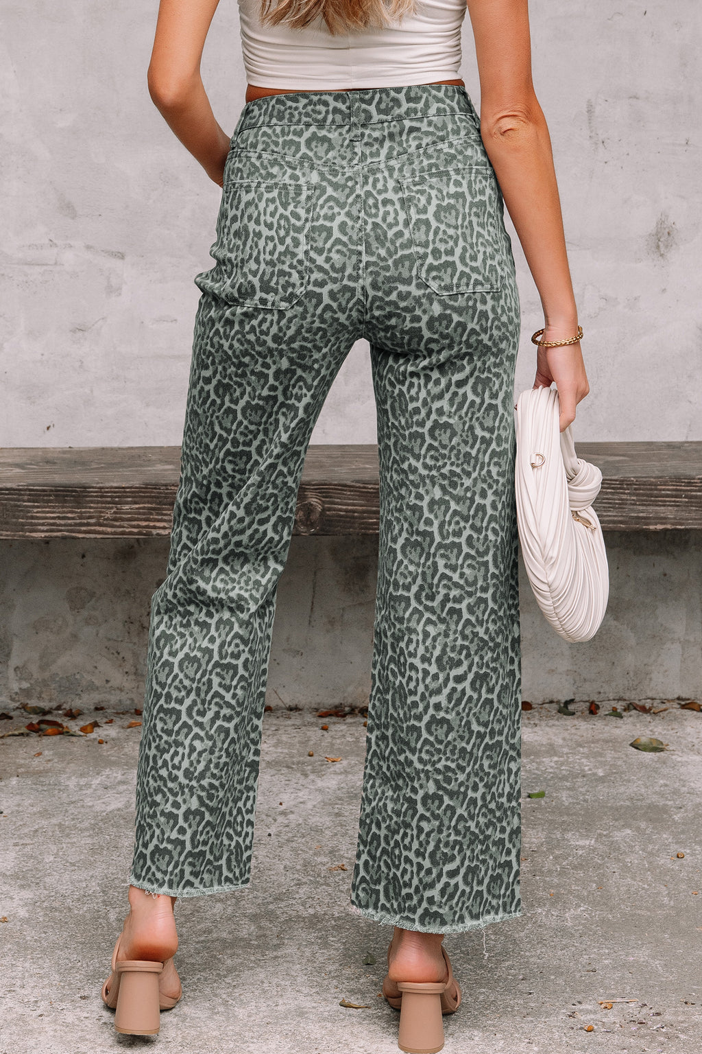 Sky Blue Leopard Frayed Edge Wide Leg High Waist Jeans