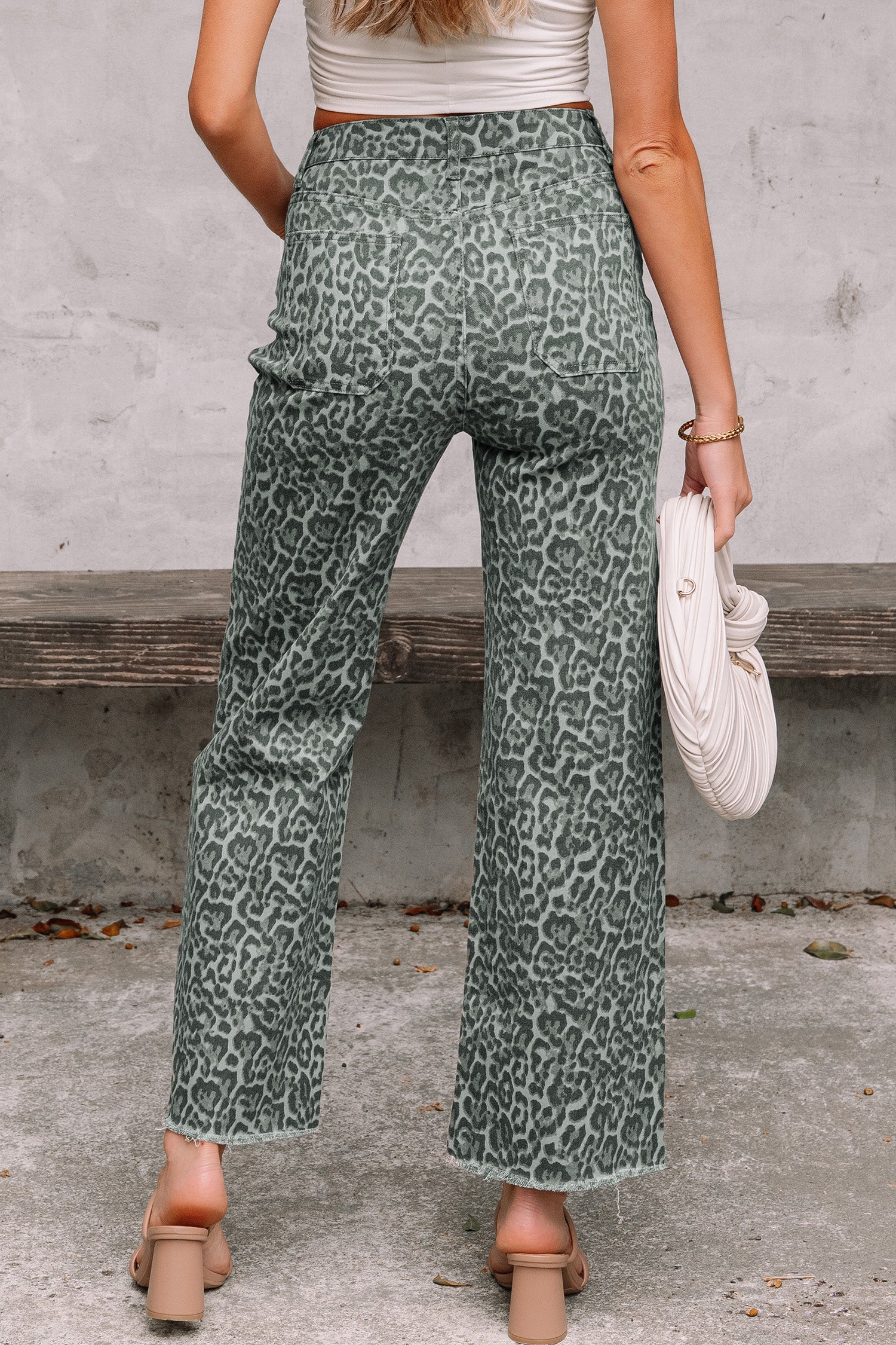 Sky Blue Leopard Frayed Edge Wide Leg High Waist Jeans