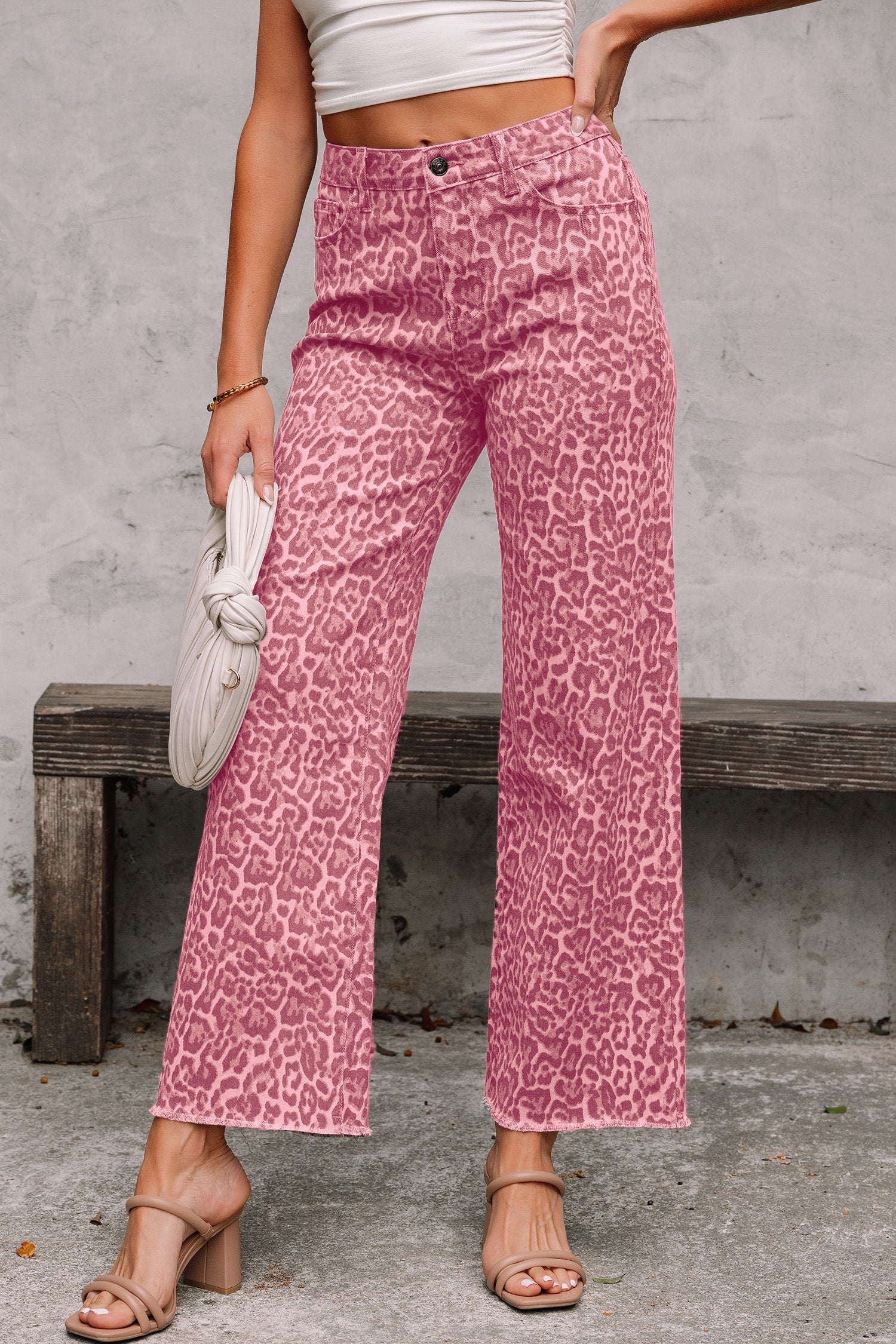 Sky Blue Leopard Frayed Edge Wide Leg High Waist Jeans