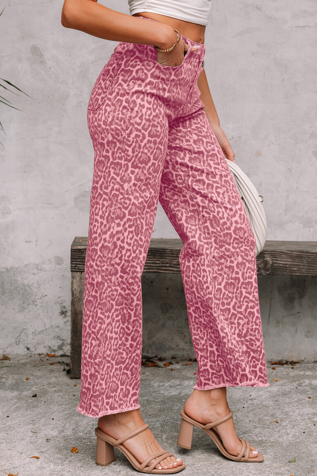 Sky Blue Leopard Frayed Edge Wide Leg High Waist Jeans