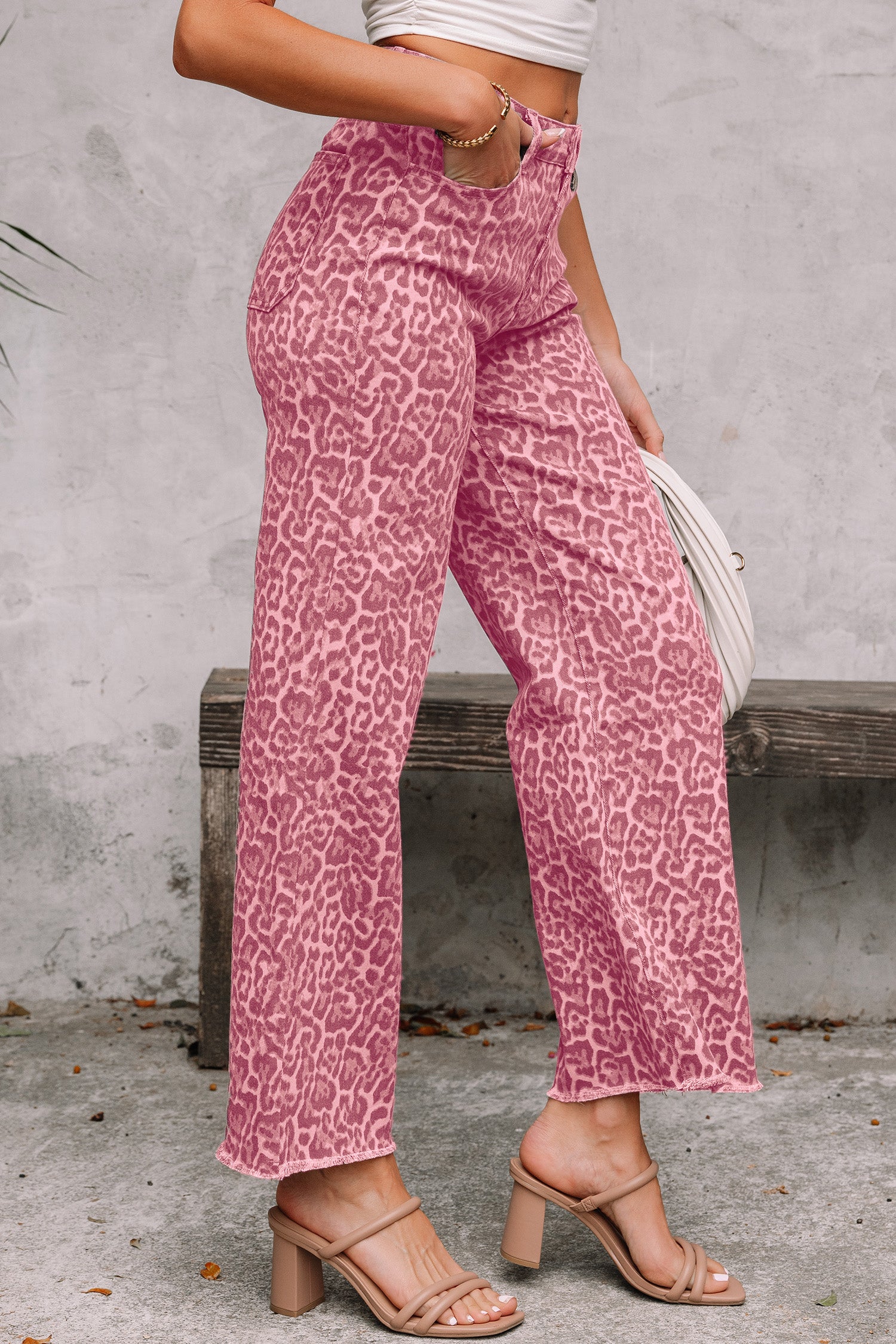 Sky Blue Leopard Frayed Edge Wide Leg High Waist Jeans