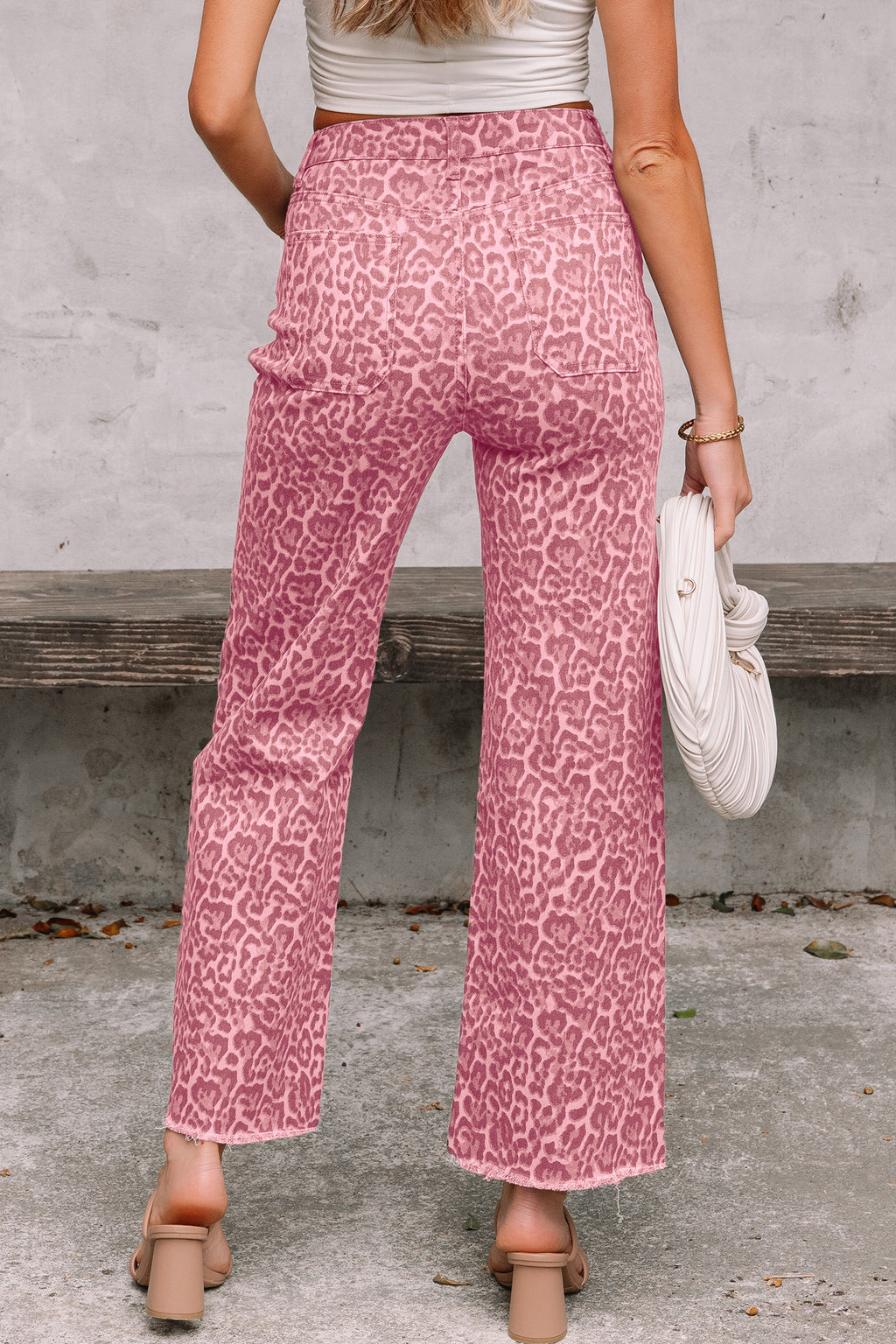 Sky Blue Leopard Frayed Edge Wide Leg High Waist Jeans