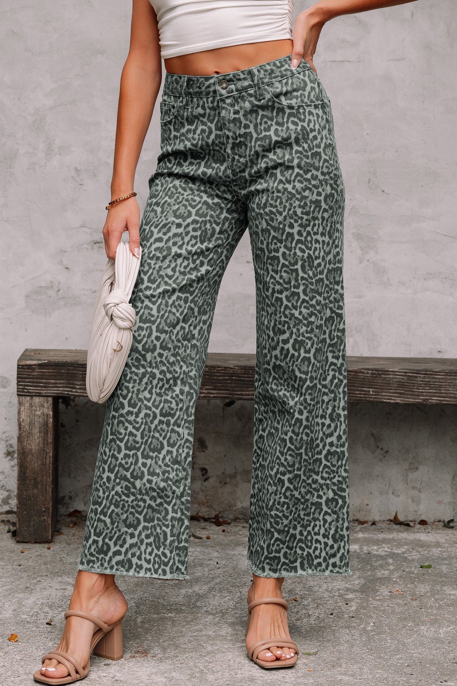 Sky Blue Leopard Frayed Edge Wide Leg High Waist Jeans